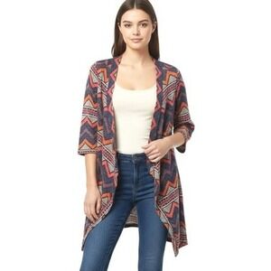 Flamingo Cardigan Sweater‎ S Open Front Chevron Short Sleeve Boho Tribal Cozy